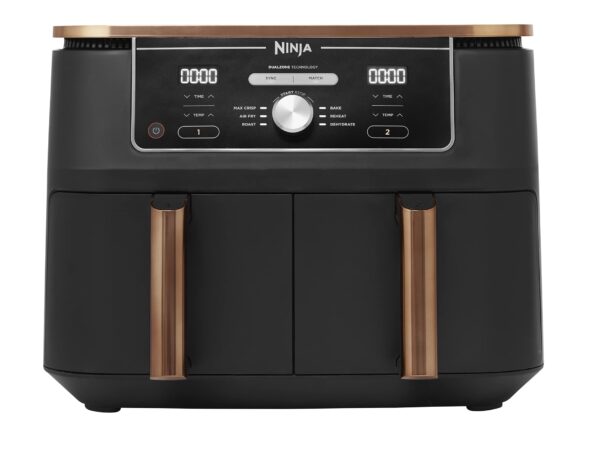 Ninja Foodi MAX Dual Zone Air Fryer, Amazon Exclusive, Tongs, 2 Drawers, 9.5L, 6-in-1, Use No Oil, Air Fry, Max Crisp, Roast, Bake, 8 Portions, Nonstick Dishwasher Safe Baskets, Copper/Black AF400UKCP